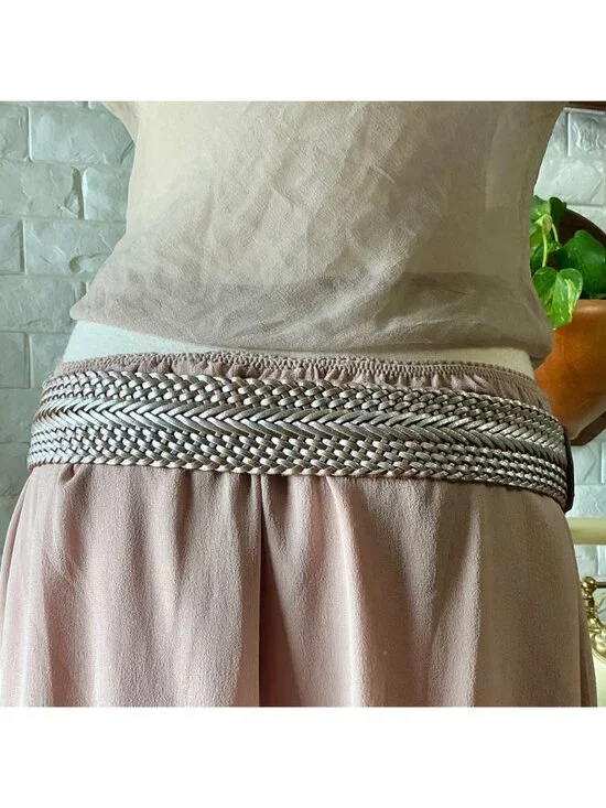 Vintage 90s Y2K Cache Metallic Silver Brushed Handmade Leather Woven Back Wide B - Picture 8 of 12